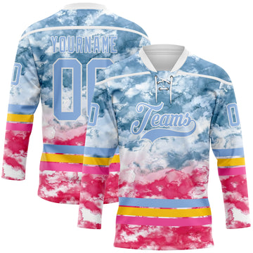 Custom Tie Dye Light Blue White Yellow-Pink Watercolor Cloud Splatter Hockey Lace Neck Jersey