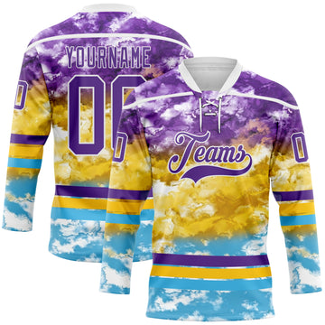 Custom Tie Dye Purple White Yellow-Sky Blue Watercolor Cloud Splatter Hockey Lace Neck Jersey