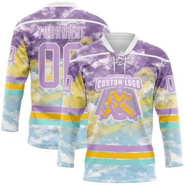 Custom Tie Dye Light Purple White Yellow-Ice Blue Watercolor Cloud Splatter Hockey Lace Neck Jersey
