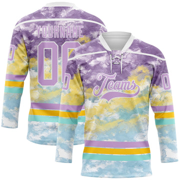 Custom Tie Dye Light Purple White Yellow-Ice Blue Watercolor Cloud Splatter Hockey Lace Neck Jersey