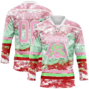 Custom Tie Dye Light Pink White Pea Green-Red Watercolor Cloud Splatter Hockey Lace Neck Jersey