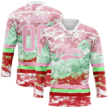 Custom Tie Dye Light Pink White Pea Green-Red Watercolor Cloud Splatter Hockey Lace Neck Jersey