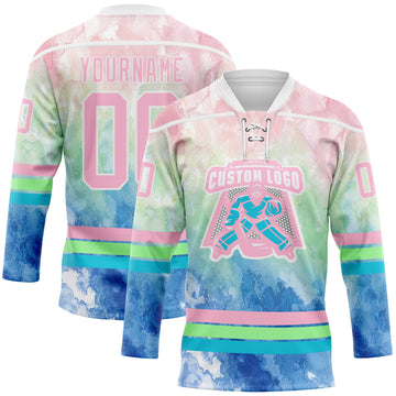 Custom Tie Dye Light Pink White Pea Green-Lakes Blue Watercolor Cloud Splatter Hockey Lace Neck Jersey