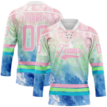 Custom Tie Dye Light Pink White Pea Green-Lakes Blue Watercolor Cloud Splatter Hockey Lace Neck Jersey
