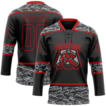 Custom Black Camo-Red Digital Camouflage Accent Hockey Lace Neck Jersey
