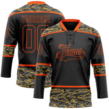 Custom Black Camo-Orange Digital Camouflage Accent Hockey Lace Neck Jersey