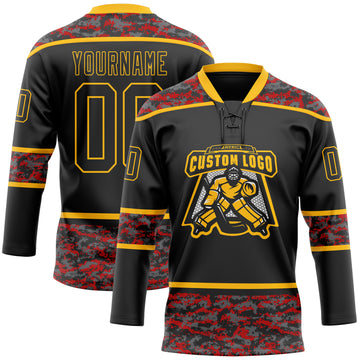 Custom Black Camo-Gold Digital Camouflage Accent Hockey Lace Neck Jersey