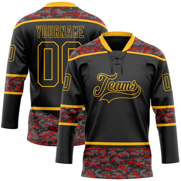 Custom Black Camo-Gold Digital Camouflage Accent Hockey Lace Neck Jersey