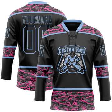 Custom Black Camo-Light Blue Digital Camouflage Accent Hockey Lace Neck Jersey
