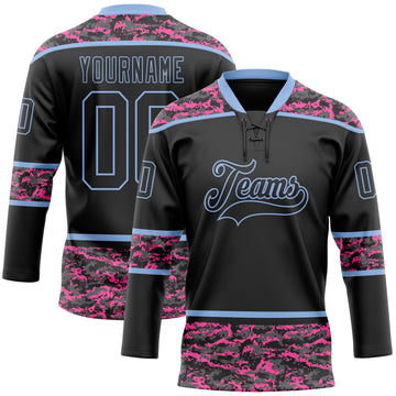 Custom Black Camo-Light Blue Digital Camouflage Accent Hockey Lace Neck Jersey