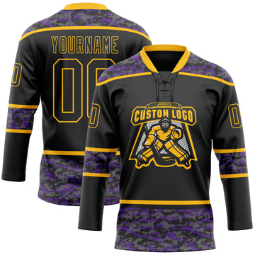 Custom Black Camo-Gold Digital Camouflage Accent Hockey Lace Neck Jersey