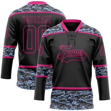Custom Black Camo-Hot Pink Digital Camouflage Accent Hockey Lace Neck Jersey