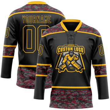 Custom Black Camo-Gold Digital Camouflage Accent Hockey Lace Neck Jersey