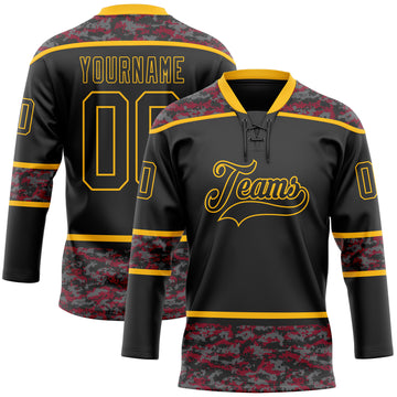 Custom Black Camo-Gold Digital Camouflage Accent Hockey Lace Neck Jersey