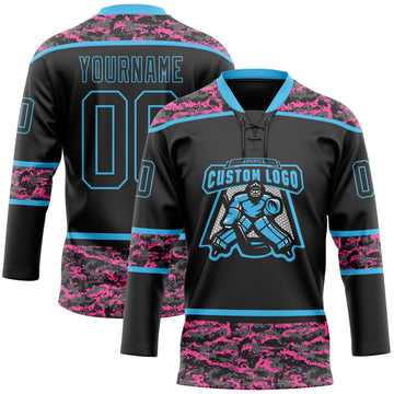 Custom Black Camo-Sky Blue Digital Camouflage Accent Hockey Lace Neck Jersey