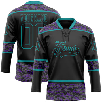 Custom Black Camo-Teal Digital Camouflage Accent Hockey Lace Neck Jersey