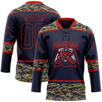 Custom Navy Camo-Red Digital Camouflage Accent Hockey Lace Neck Jersey