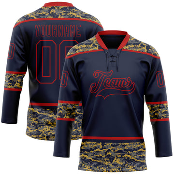 Custom Navy Camo-Red Digital Camouflage Accent Hockey Lace Neck Jersey