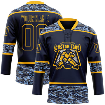 Custom Navy Camo-Gold Digital Camouflage Accent Hockey Lace Neck Jersey