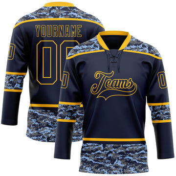 Custom Navy Camo-Gold Digital Camouflage Accent Hockey Lace Neck Jersey