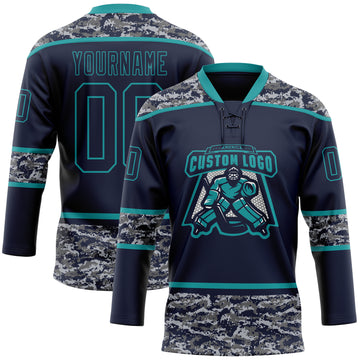 Custom Navy Camo-Teal Digital Camouflage Accent Hockey Lace Neck Jersey
