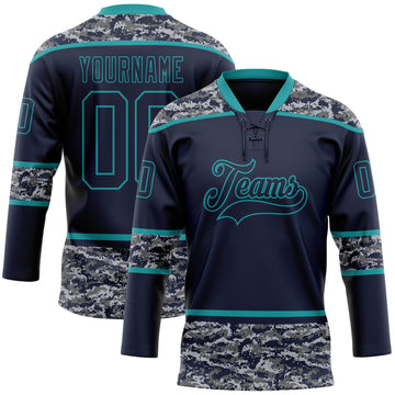 Custom Navy Camo-Teal Digital Camouflage Accent Hockey Lace Neck Jersey