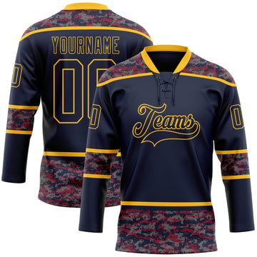 Custom Navy Camo-Gold Digital Camouflage Accent Hockey Lace Neck Jersey