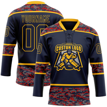 Custom Navy Camo-Gold Digital Camouflage Accent Hockey Lace Neck Jersey