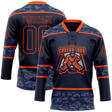 Custom Navy Camo-Orange Digital Camouflage Accent Hockey Lace Neck Jersey