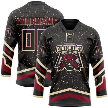 Custom Black Old Gold Cream-Crimson Paint Splatter Stripe Lace Neck Hockey Jersey