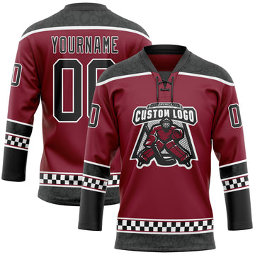 Custom Crimson Black-White Leopard Print Checkered Stripe Lace Neck Hockey Jersey