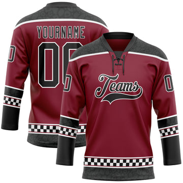 Custom Crimson Black-White Leopard Print Checkered Stripe Lace Neck Hockey Jersey
