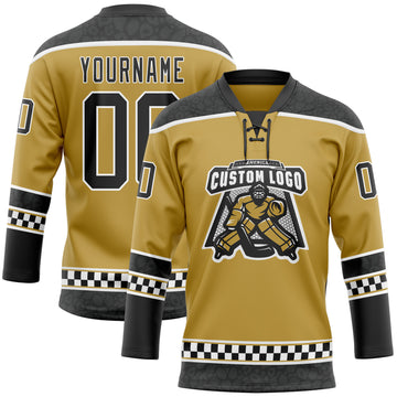 Custom Old Gold Black-White Leopard Print Checkered Stripe Lace Neck Hockey Jersey