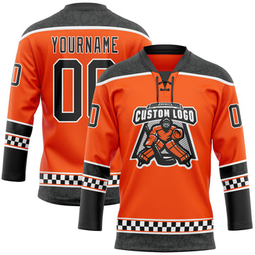 Custom Orange Black-White Leopard Print Checkered Stripe Lace Neck Hockey Jersey