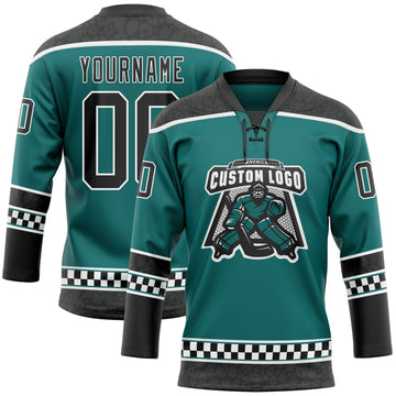 Custom Teal Black-White Leopard Print Checkered Stripe Lace Neck Hockey Jersey