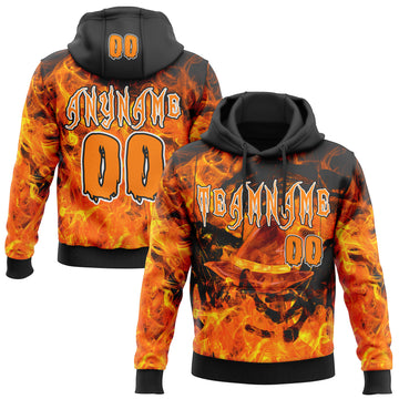 Custom Black Bay Orange-White Halloween Flaming Pumpkins Pullover Sweatshirt Hoodie