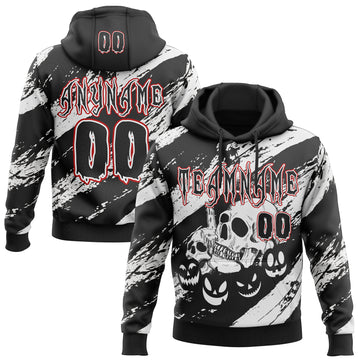 Custom Black White-Red Spooky Halloween Pumpkins And Skull Splatter Pullover Sweatshirt Hoodie