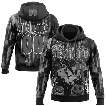 Custom Black Steel Gray-White Spooky Halloween Pumpkins And Raven Pullover Sweatshirt Hoodie