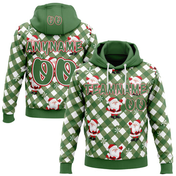 Custom Aurora Green White-Red Christmas Santa Claus Plaid Snowflakes Pullover Sweatshirt Hoodie