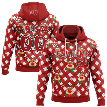 Custom Red White-Black Christmas Reindeer Plaid Snowflakes Pullover Sweatshirt Hoodie