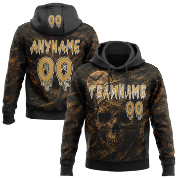 Custom Black Old Gold-White Spooky Halloween Mummy Skull Pullover Sweatshirt Hoodie