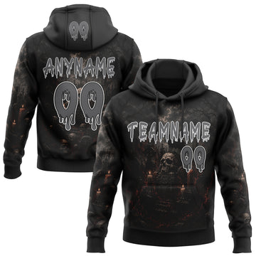 Custom Black Steel Gray-White Spooky Halloween Skulls Pullover Sweatshirt Hoodie