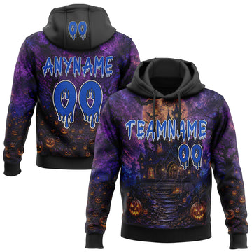 Custom Black Thunder Blue Purple-White Spooky Halloween Haunted House Bats Pullover Sweatshirt Hoodie