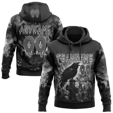 Custom Black Steel Gray-White Halloween Gothic Raven Cemetery Pullover Sweatshirt Hoodie