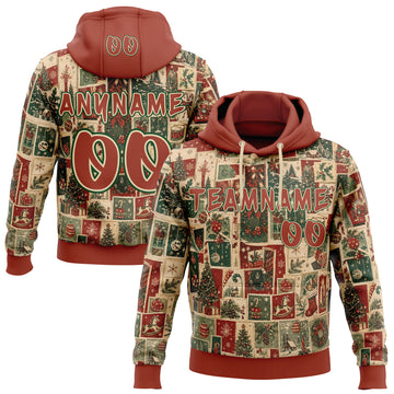 Custom  Cream Red-Green Christmas Vintage Postcard Collage Pullover Sweatshirt Hoodie