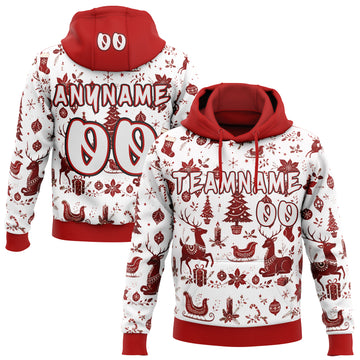 Custom  White Red-Black Christmas Reindeer Pullover Sweatshirt Hoodie