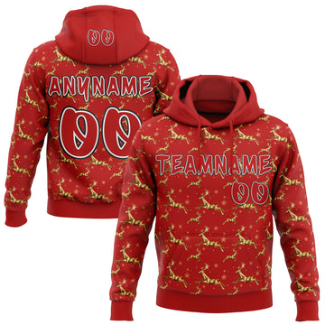 Custom  Red White-Black Christmas Golden Reindeer & Snowflakes Pullover Sweatshirt Hoodie