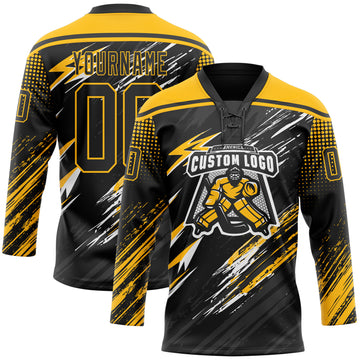 Custom Black Gold Gray-White Diagonal Grunge Brush Stroke Halftone Lace Neck Hockey Jersey
