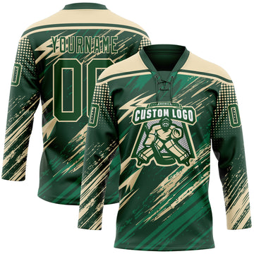 Custom Green Cream-Vegas Gold Diagonal Grunge Brush Stroke Halftone Lace Neck Hockey Jersey
