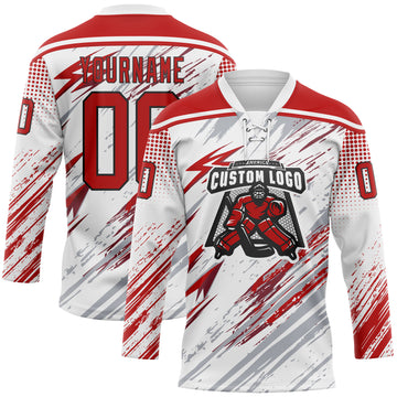 Custom White Red Gray-Black Diagonal Grunge Brush Stroke Halftone Lace Neck Hockey Jersey